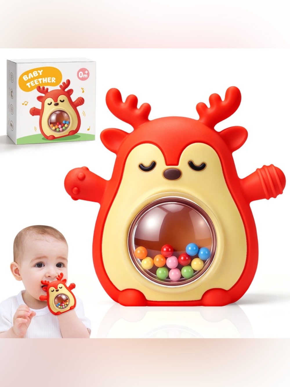 NWT Baby Silicone Teether Rattle Elk Reindeer Sensory Toy 0+ Months